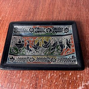 Vintage Hand-Painted Wooden Trinket Dish Mexican Folk Art Birds & Flowers